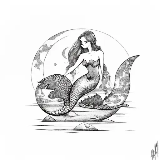 Mermaid Sits On A Stone And Looks At The Moon