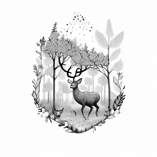 A Whimsical Forest Scene With Deer And Flowers In A Sketch Style
