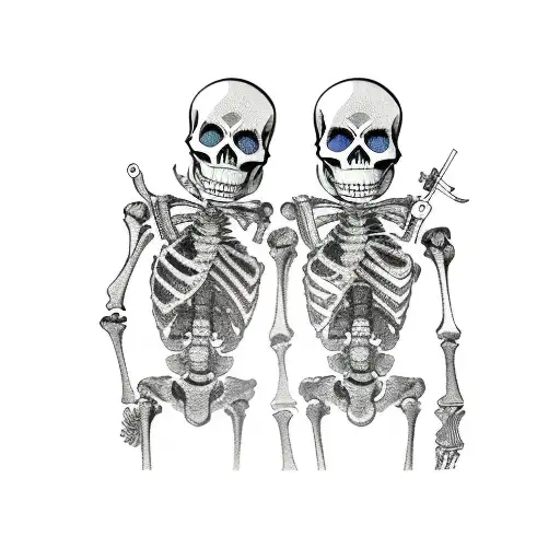 Two Skeletons Walking Away Holding Together Bottle Of Whiskey And In Other Hand Holding Gun