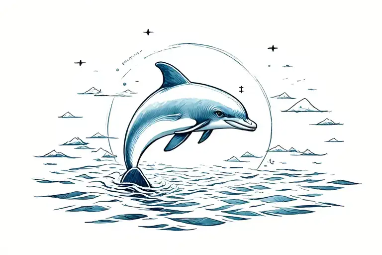 Minimalist Dolphin Sea Sun Moon