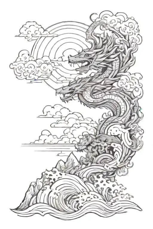 Mountain With Ocean Wave And Sun And Dragon Flying