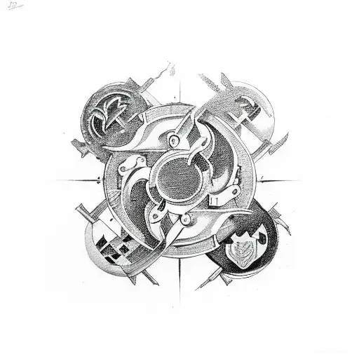 A Yin Yang Symbol Incorporating Elements Of Military Gear And Weaponry