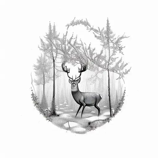 A Whimsical Forest Scene With Deer And Flowers In A Sketch Style
