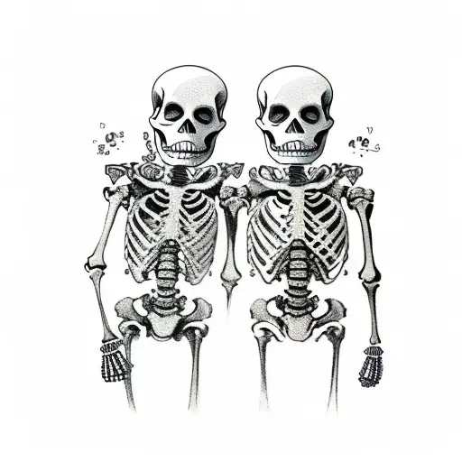 Two Skeletons Walking Away Holding Together Bottle Of Whiskey And In Other Hand Holding Gun