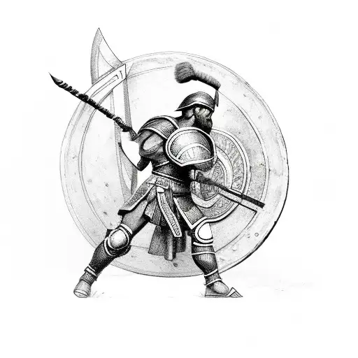 Ancient Spartan Soldier Side Profile Holding Shield And Spear