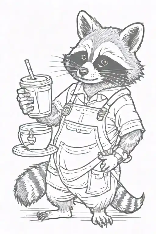 Raccoon Wearing Apron And Holding An Iced Coffee