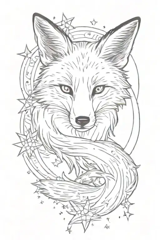A Fox With Stars And The Moon In Fine Lines