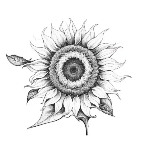 A Blackwork Sunflower With A Stem Turning Into Cursive Writing Saying 'From The Ground Up'
