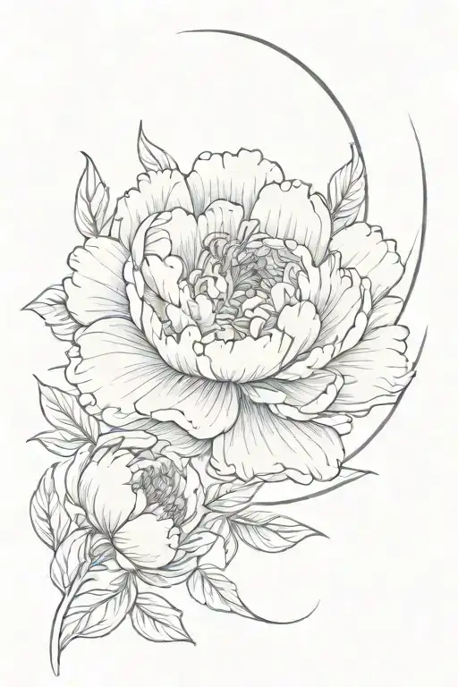 Peony Flowers Curving With Crescent Moon Embedded
