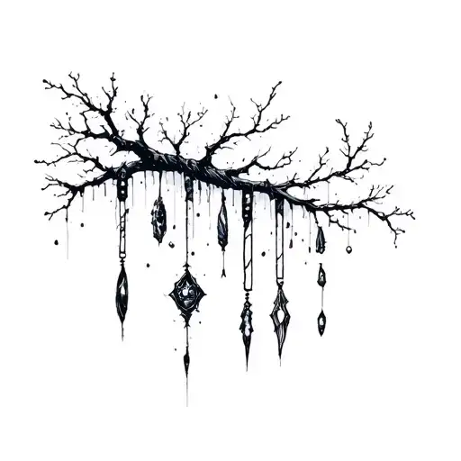 Single Tree Branch With Abstract Hanging Artifacts