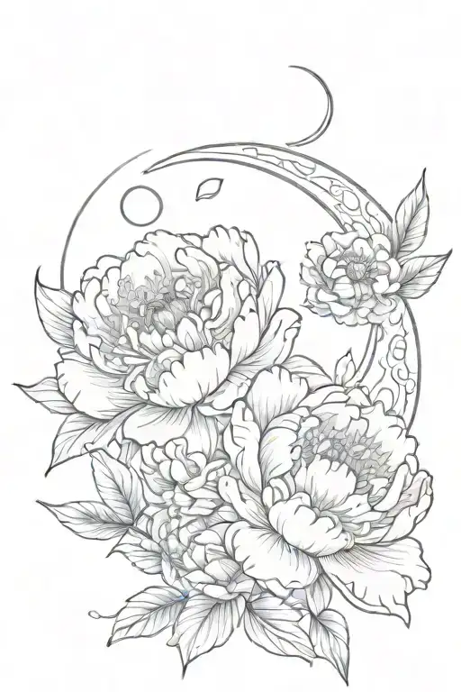 Peony Flowers Surrounding Crescent Moon
