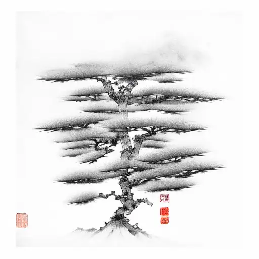Chinese Ink Smoke Stream With Pine Bonsais Sprigs