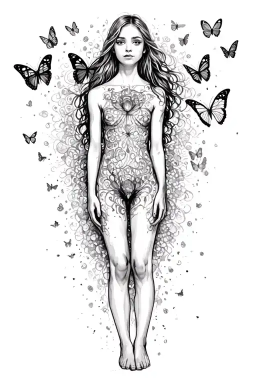 Full Body Of Girl Standing As Her Body Disintegrates Into Butterflies