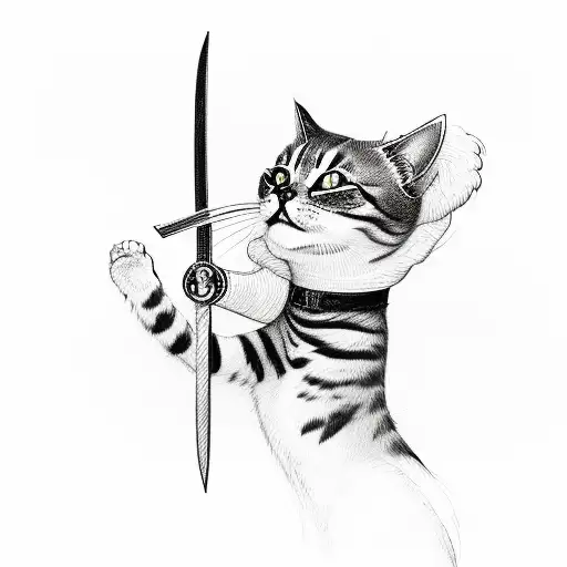 Sketch-style Tattoo Of A Cat Transforming Into A Fierce Warrior Holding A Katana