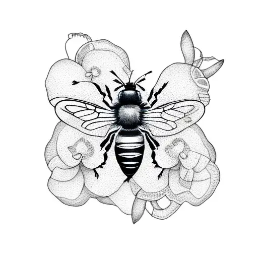 A Dotwork Tattoo Of A Bee And A Sampaguita Flower Forming A Delicate Heart Shape