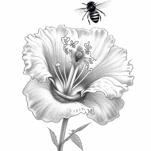 A Sketch-style Design Featuring A Bee Pollinating A Hibiscus Flower