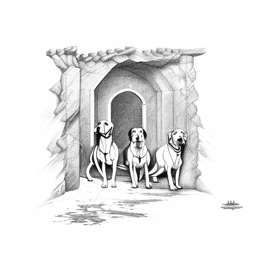 A Group Of Six Protector Dogs Standing Guard At The Entrance Of A Mystical Tunnel