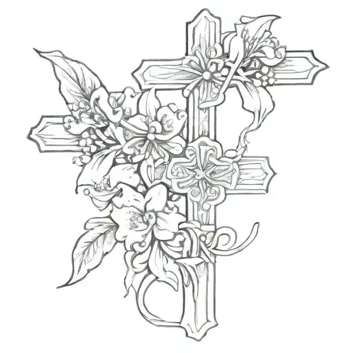 Black And White Cross With Lilly Of The Valley Flower Intertwined
