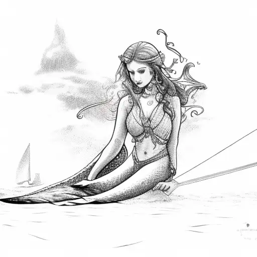 A Detailed Sketch Of A Mermaid Sitting On A Broken Sail Boat