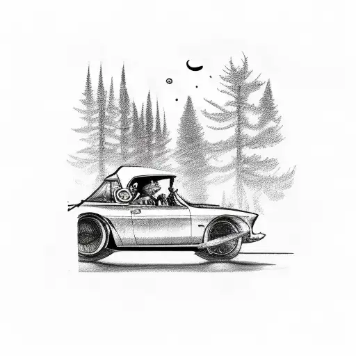 A Sketch-style Tattoo Of A Vintage Car Driving Through A Dense Forest