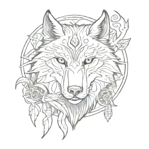 Line Tattoo Of A Wolf And Raven Viking Style