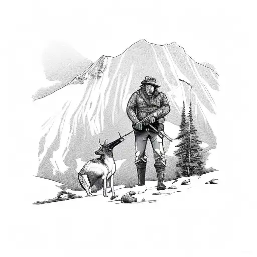 Hunter With Gun Along With His Dog Looking A Mountain To Hunt A Deer