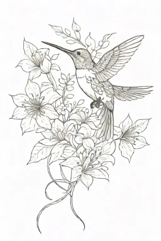 Hummingbird With Assorted Plants And Flower Growing