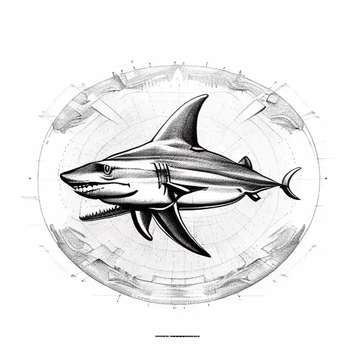 A Sketch-style Tattoo Of An Engineer's Blueprint With A Hidden Shark Incorporated Into The Design