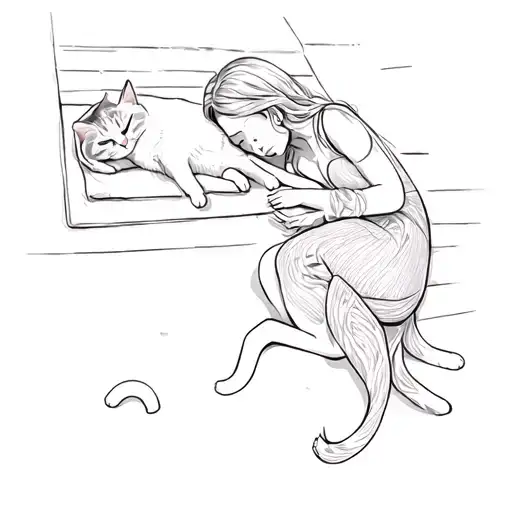 A Cat And A Woman Sleeping On The Floor