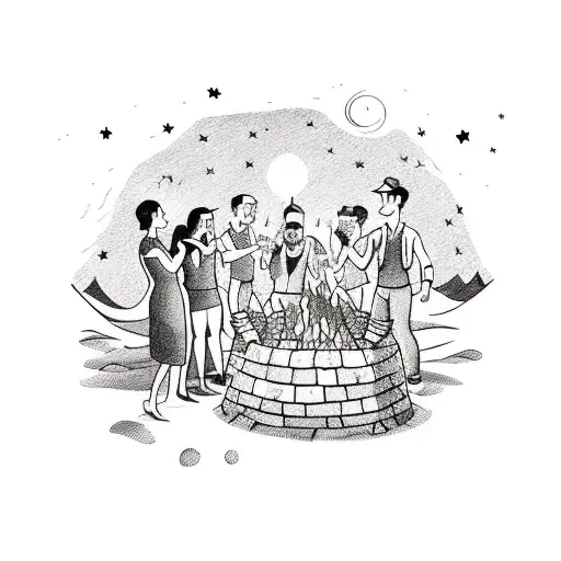 A Group Of Friends Toasting Drinks Around A Bonfire Under A Starry Night Sky