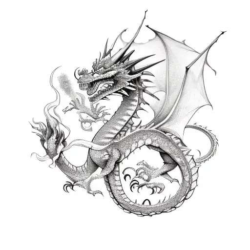 Sketch Of A Dragon And Marigolds Intertwined