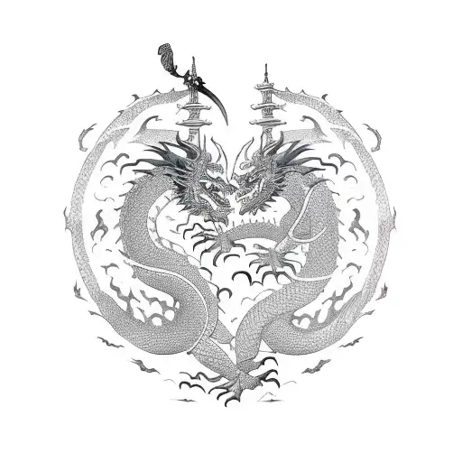 Dragon And Samurai Engaged In An Epic Duel