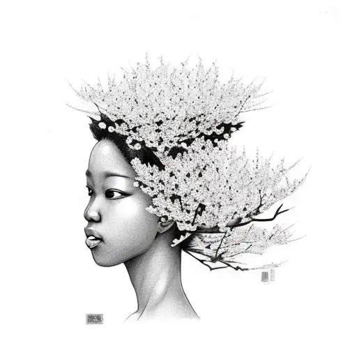 Japanese Cherry Blossom Branches Growing Out Of African Woman Headpiece