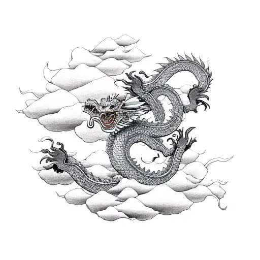 Japanese Dragon With And Monkey Flying In The Clouds