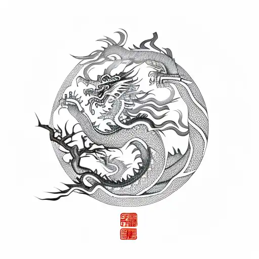 Chinese Symbol With Chinese Dragon And Cherry Blossoms