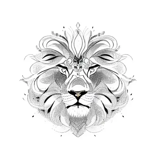 A Detailed Sketch Of A Lion's Face With Intricate Floral Patterns