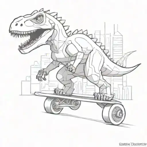 A Futuristic Robotic Dinosaur Skateboarding Through A Cityscape