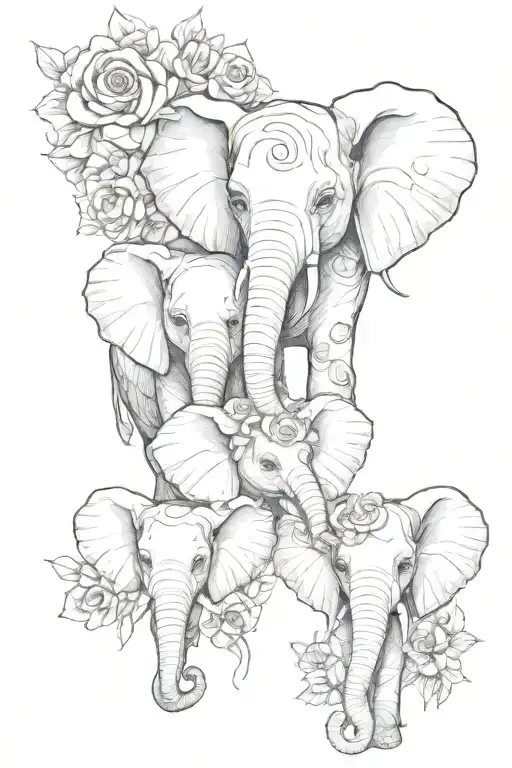 3 Elephant Children Faces With Floral Forward Facing