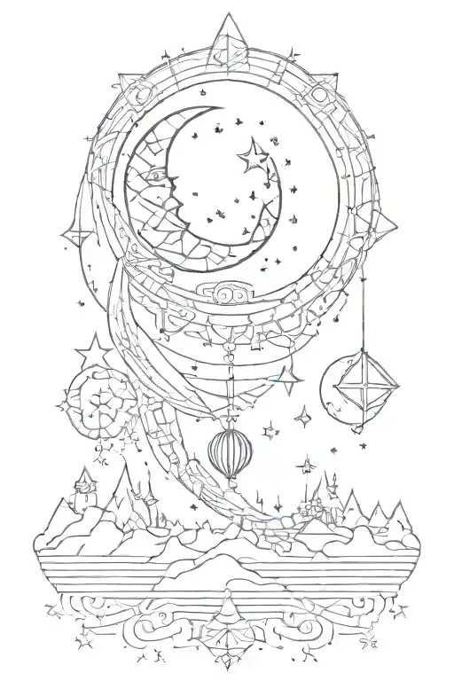 Waning Crescent Moon With Geometric Line Below And Stars Surrounding