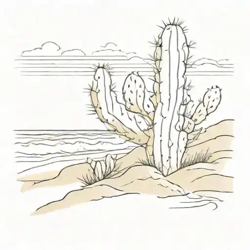 A Sketch Of A Cactus On A Sandy Beach With Waves Crashing In The Background