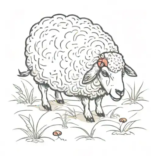 Sheep Finds A Ladybug On The Ground With Grass