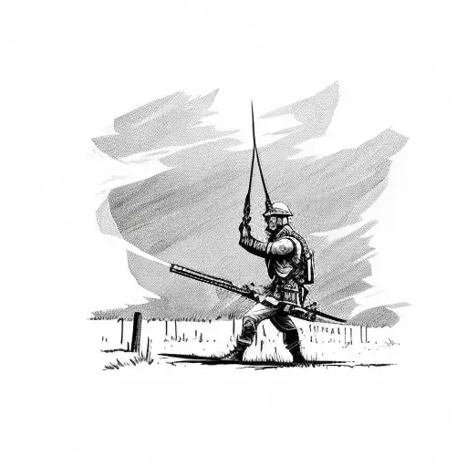 Solider Being Caught Cross Fire In An Open Field