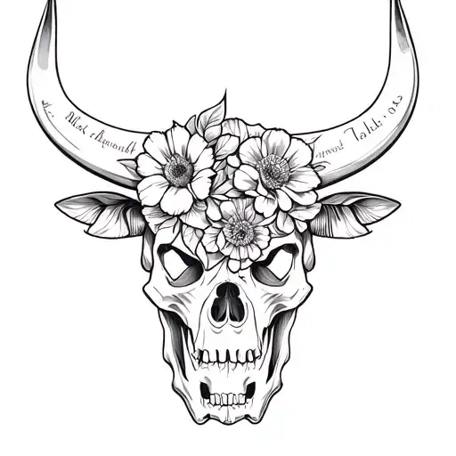 Bull Head Outline Half Flowers Half Skull With The Name Mark In The Flowers As Part Of The Design
