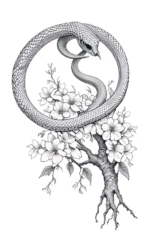 Ouroboros Snake Tree Flowers Blooming Wilting Dying Blooming Woman's Hand