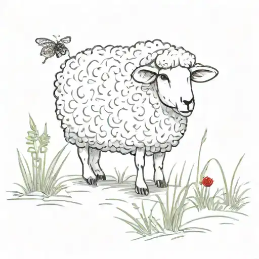 Sheep Finds A Ladybug On The Ground With Grass