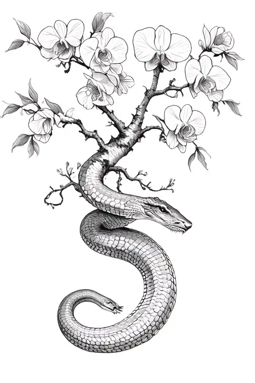 Birch Tree With Orchids And Peonies Growing On It One Cobra