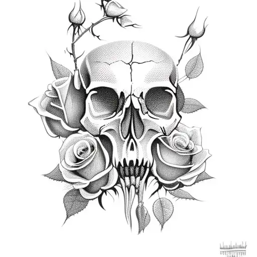 Open Skull With Wilting Rose In Its Mouth And Thorns