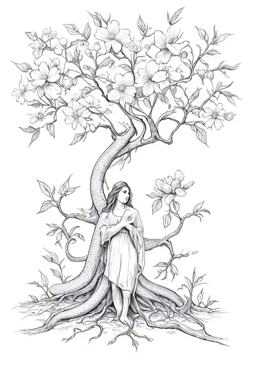 Snake Tree Branch Flowers Blooming Wilting Dying Budding Fruit Eve Woman Genesis Hand