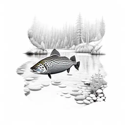 A Serene Forest Scene With A Hidden Brown Trout Swimming In A Crystal-clear Stream