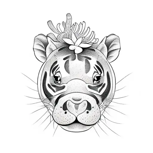 A Sketch-style Tattoo Of A Coloring Book Page Featuring A Baby Hippo Surrounded By Tiger Lilies